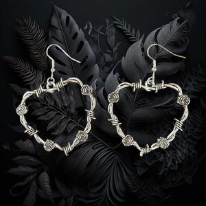 NEW Gothic Silver Thorn Rose Open Heart Earrings NEW
